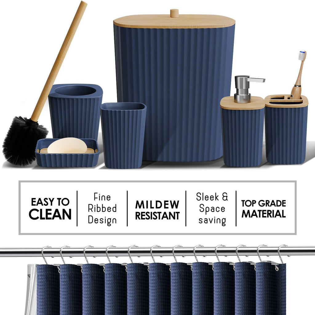 Bathroom Accessories Set - Bathroom Set, Bathroom Accessory Set, Shower Curtain Set, Toilet Brush, Trash Can & Soap Dispenser - Navy - 20PC