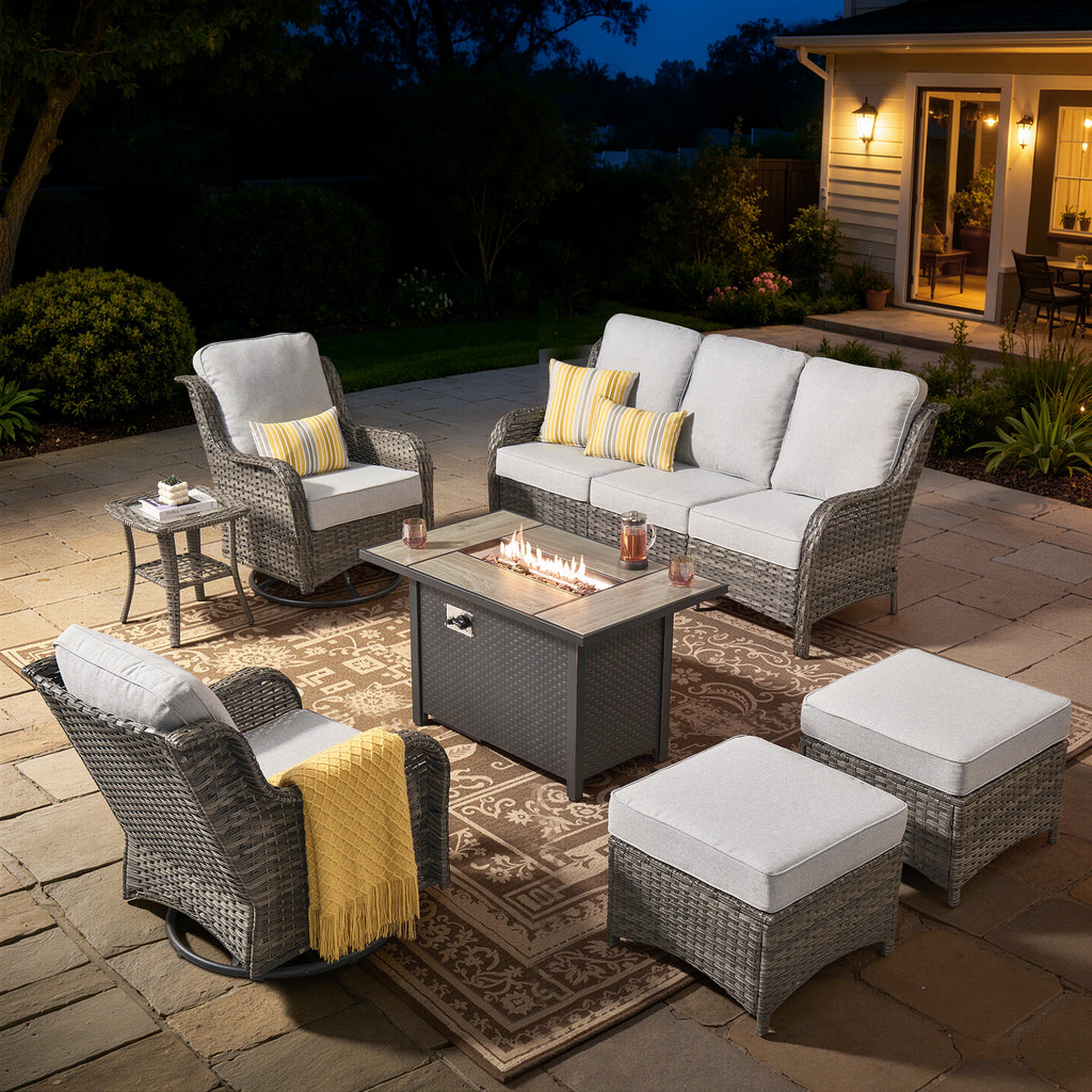 7 -Piece Wicker Patio Sofa Conversation Set with Gray Cushions