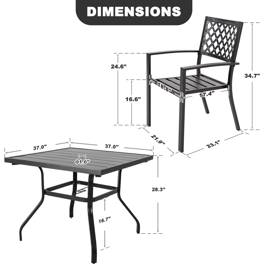 5 -Piece Black Patio Dining Set Iron Square Table with 4 Stackable Stationary Chairs