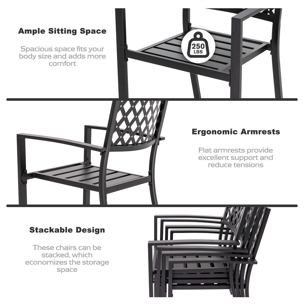 5 -Piece Black Patio Dining Set Iron Square Table with 4 Stackable Stationary Chairs