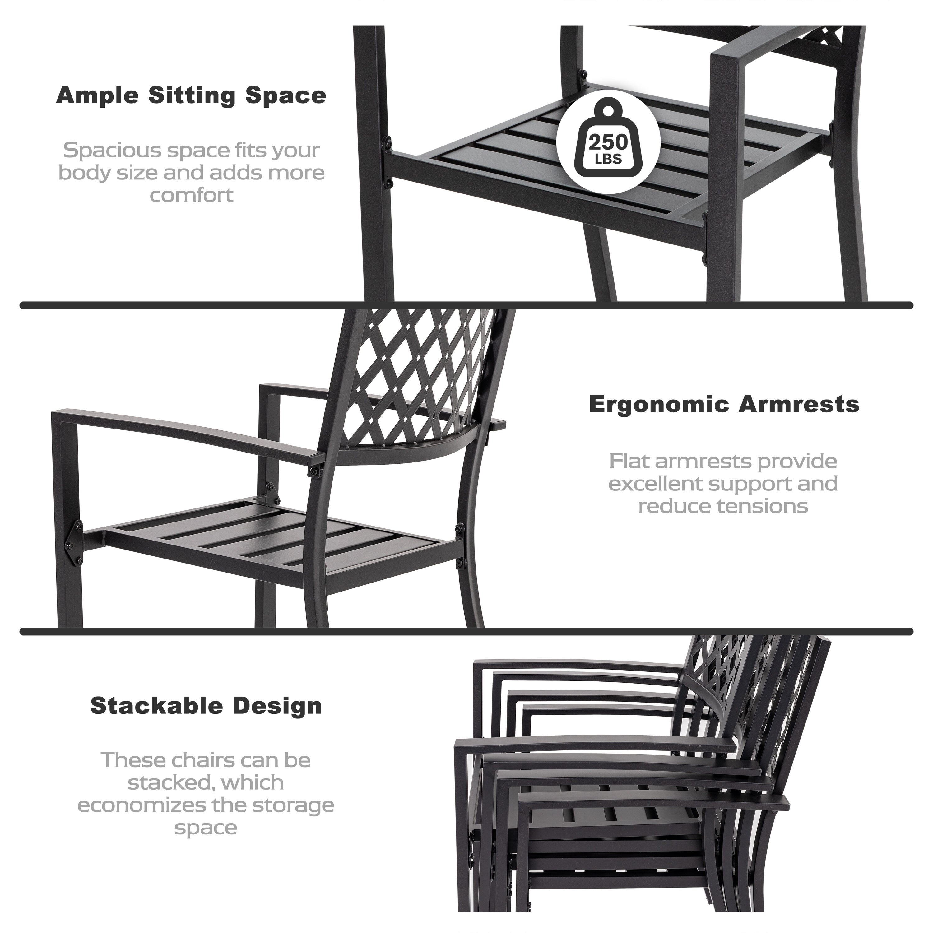 5 -Piece Black Patio Dining Set Iron Square Table with 4 Stackable Stationary Chairs