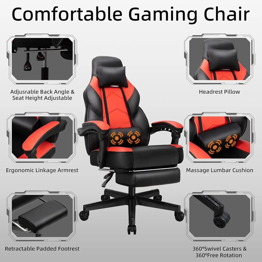 Gaming Chair with Footrest, Massage Lumbar Support, Ergonomic Design for Home Office and Racing