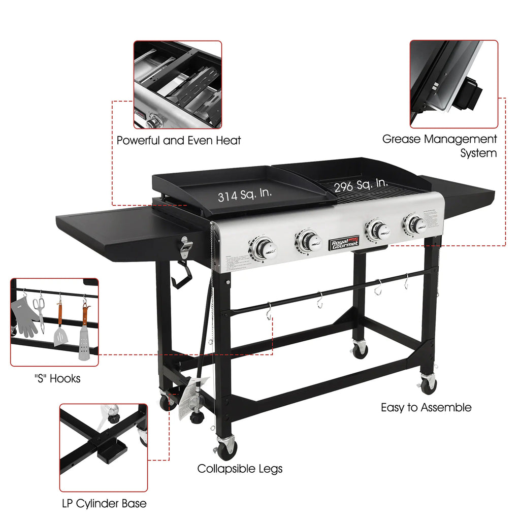 Portable Gas Grill and Griddle Combo 4 -Burner Liquid Propane Flat Top Grill