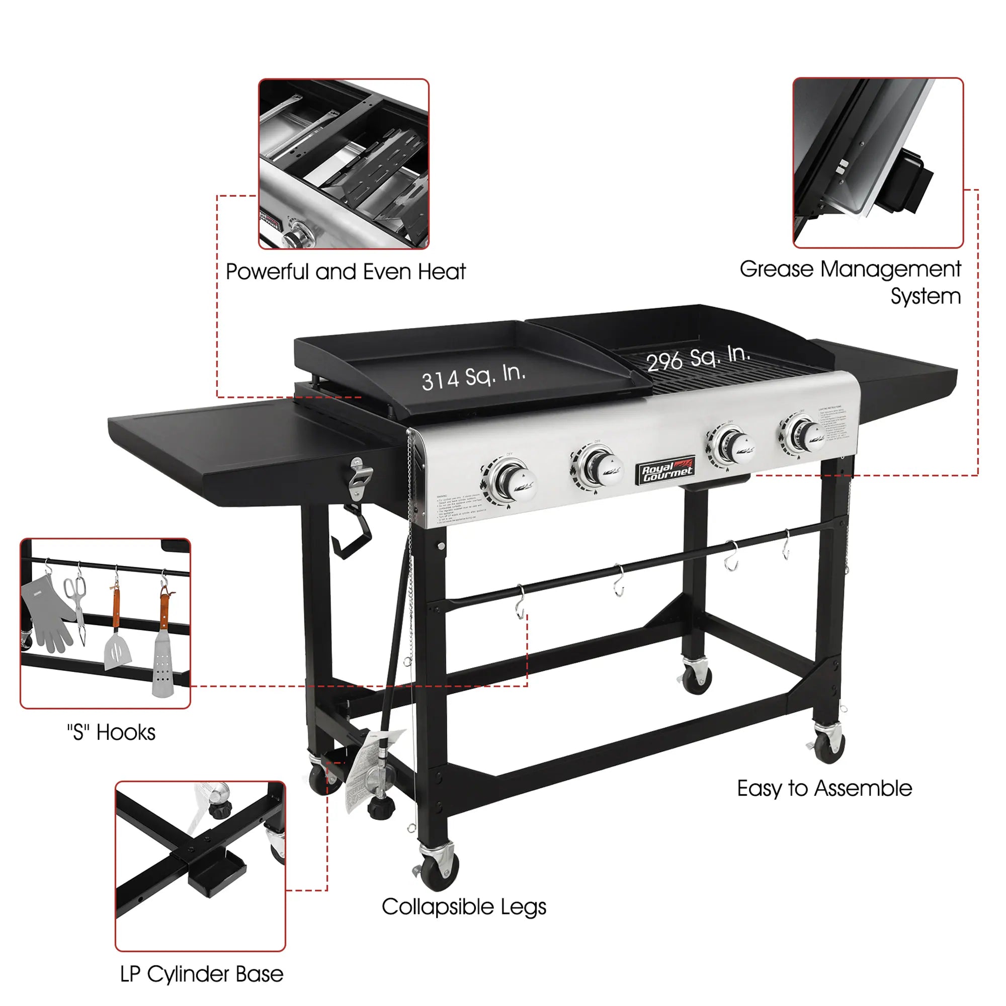 Portable Gas Grill and Griddle Combo 4 -Burner Liquid Propane Flat Top Grill