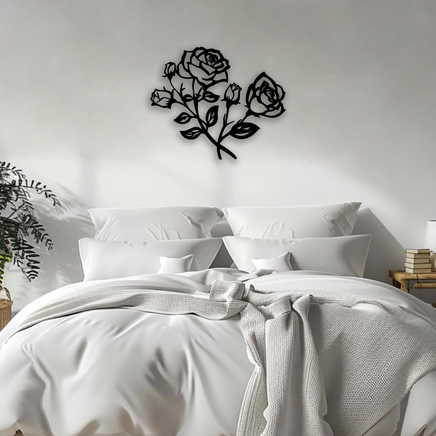 Rose Flower Metal Wall Decor - Elegant Plants Room Decor Wall Art Home Decor for Living Room, Bedroom, Dining Room, Bathroom, Office (Black)