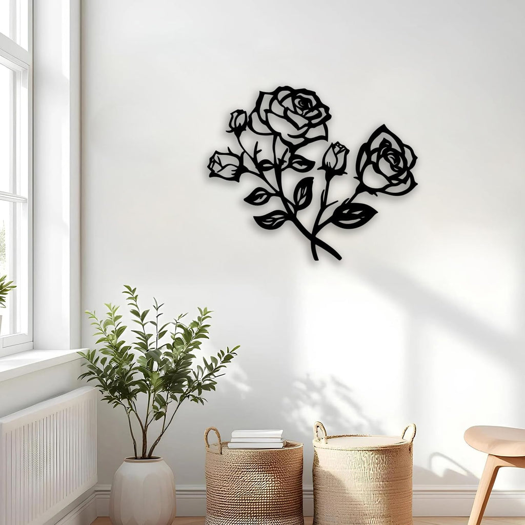 Rose Flower Metal Wall Decor - Elegant Plants Room Decor Wall Art Home Decor for Living Room, Bedroom, Dining Room, Bathroom, Office (Black)