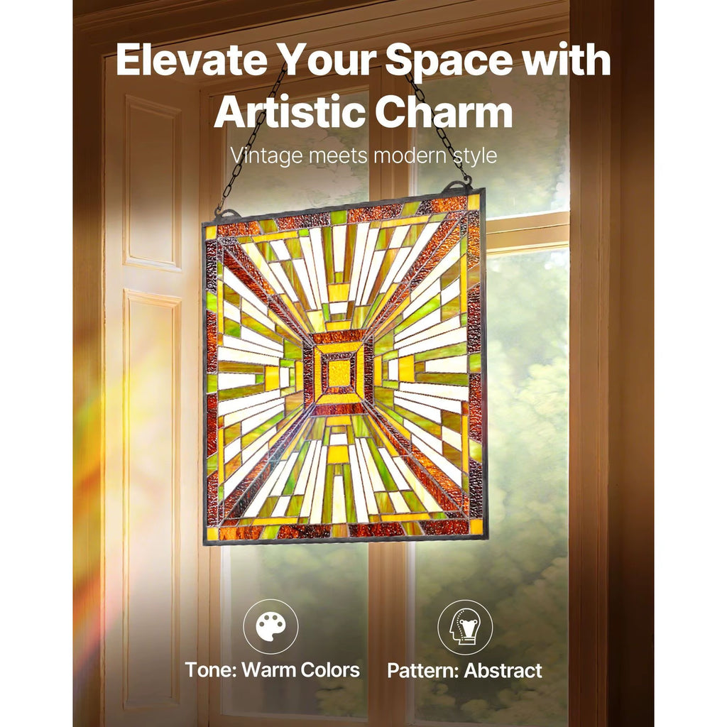 For for Style 20 X 21 Inches Stained Glass Hanging Window Panel with Chain Elegant Home Decor Model D0100X3GFA8