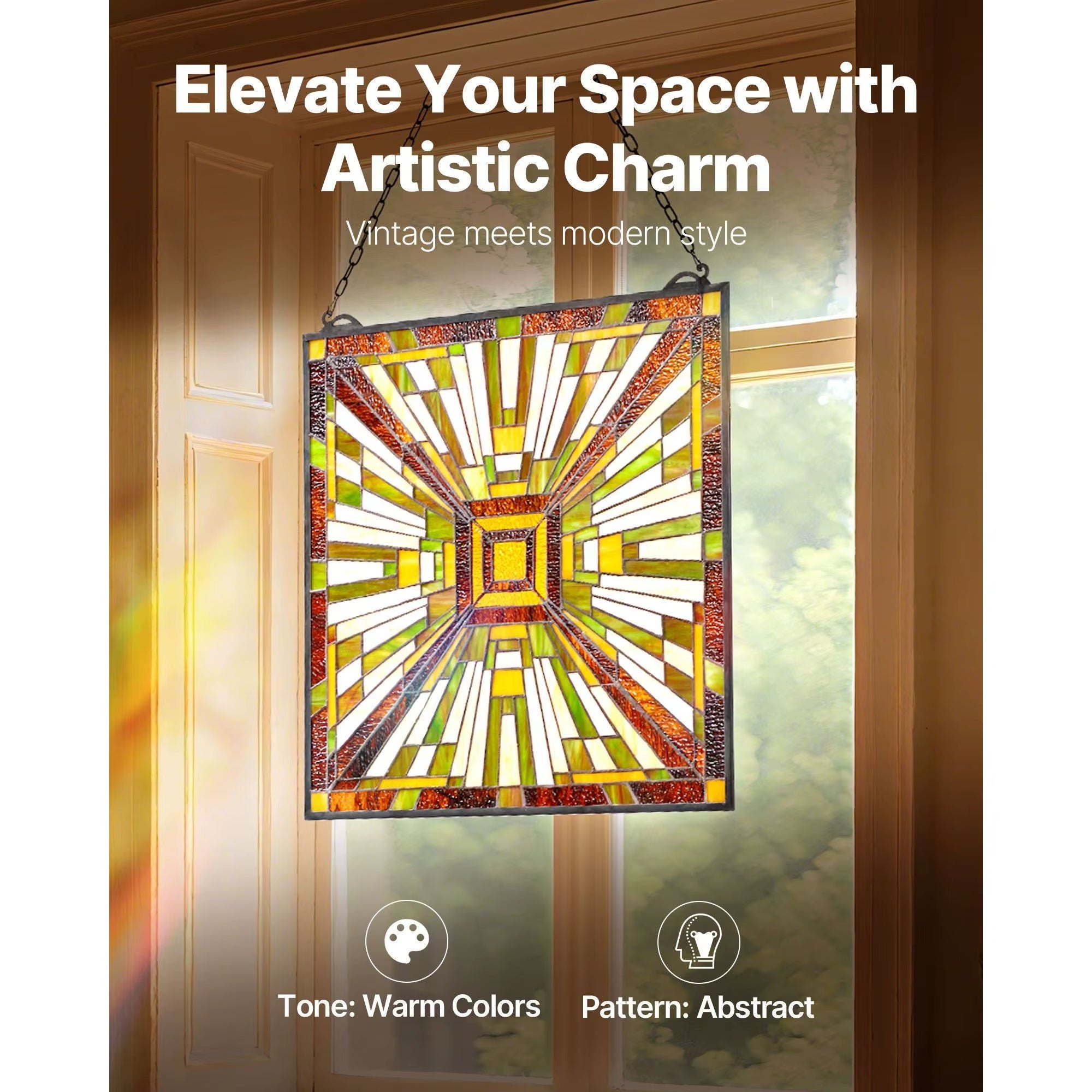 For for Style 20 X 21 Inches Stained Glass Hanging Window Panel with Chain Elegant Home Decor Model D0100X3GFA8