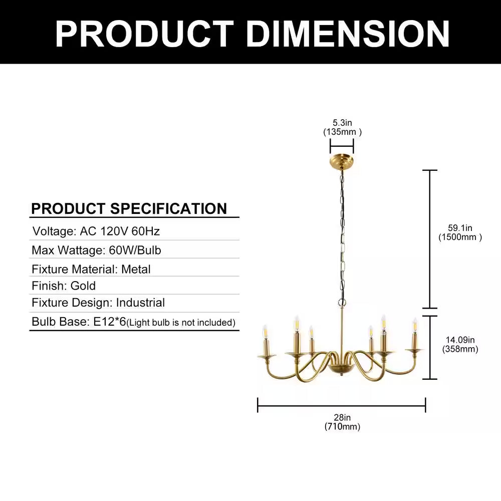 6-Light Gold Candle Rustic Industrial Iron Chandeliers for Dining Room Living Room