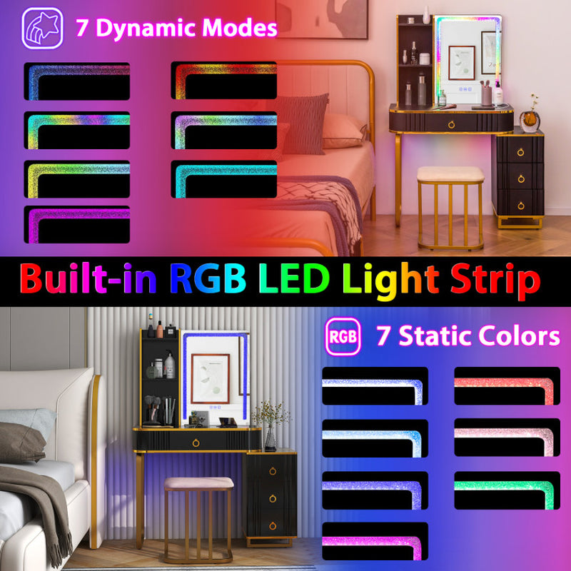 Vanity Table Set with RGB LED Lights and Wireless Charging Station