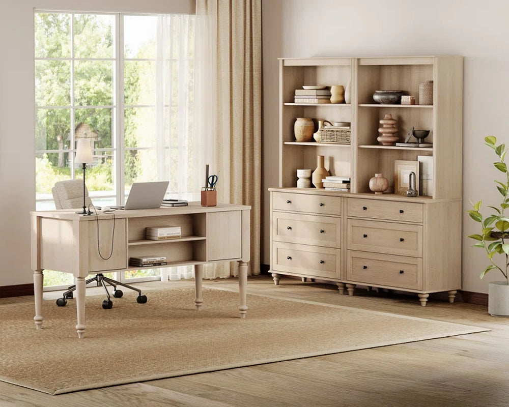 2 Piece Office Set, 56" Executive Desk & Set of 2 Bookcases with Drawers, Beige