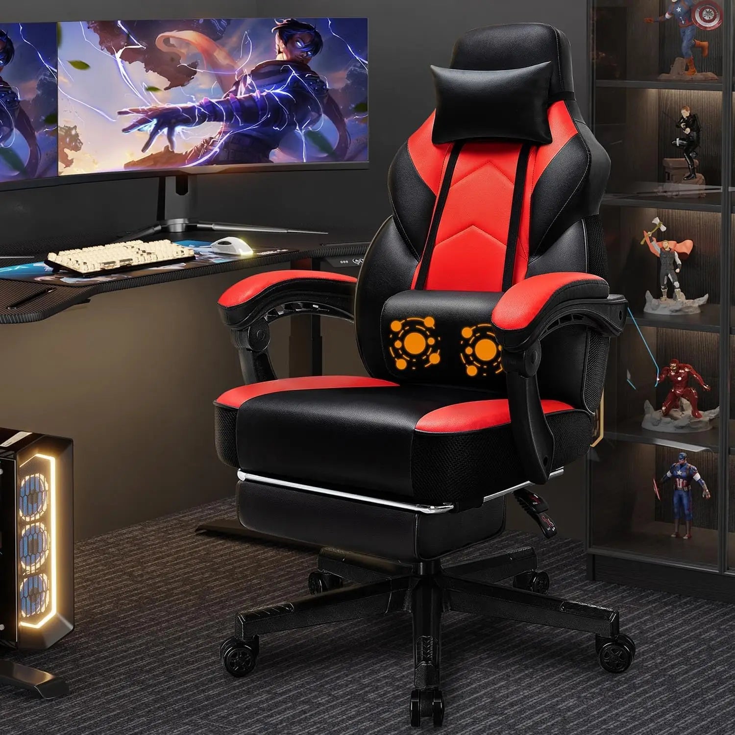 Gaming Chair with Footrest, Massage Lumbar Support, Ergonomic Design for Home Office and Racing