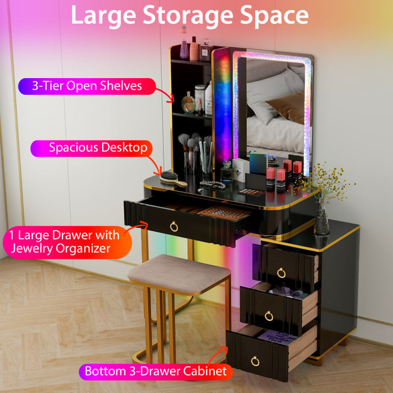 Vanity Table Set with RGB LED Lights and Wireless Charging Station