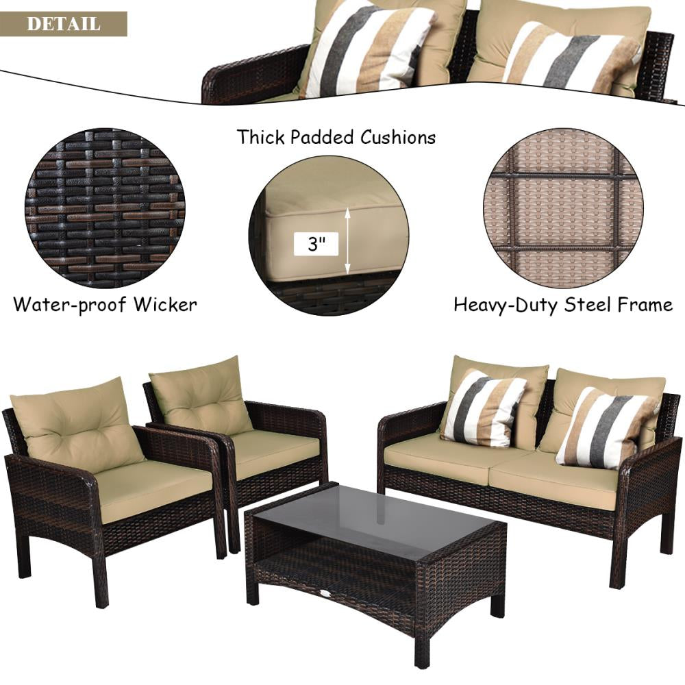 Rattan Outdoor Sofa with Brown Cushions and Steel Frame