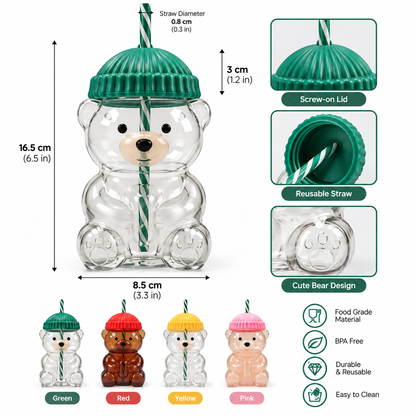 Bearista Cute Bear Glass Sipper with Beanie Lid & Straw – Aesthetic Drinkware