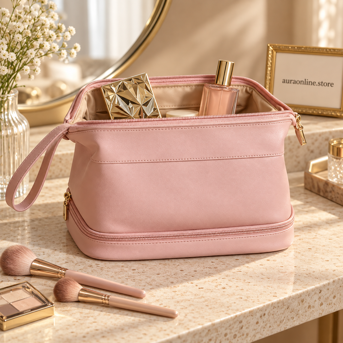 Double Layer Leather Travel Makeup Bag - Stylish & Spacious