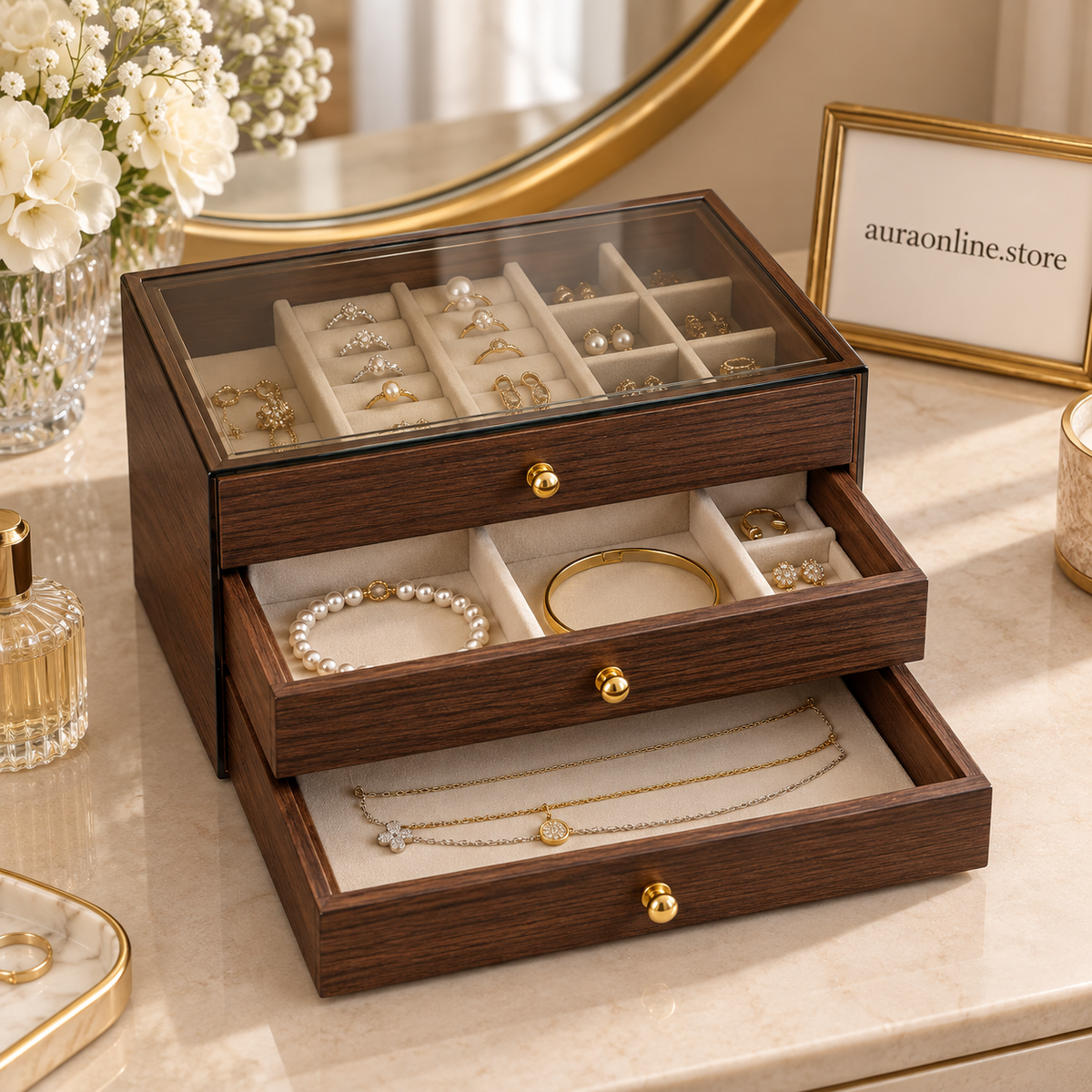 Wooden Acrylic Jewellery Organizer with 3 Drawers for Stylish Storage