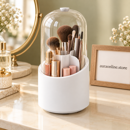 360° Rotating Makeup Brush Holder with Dustproof Dome Lid – Vanity Organizer