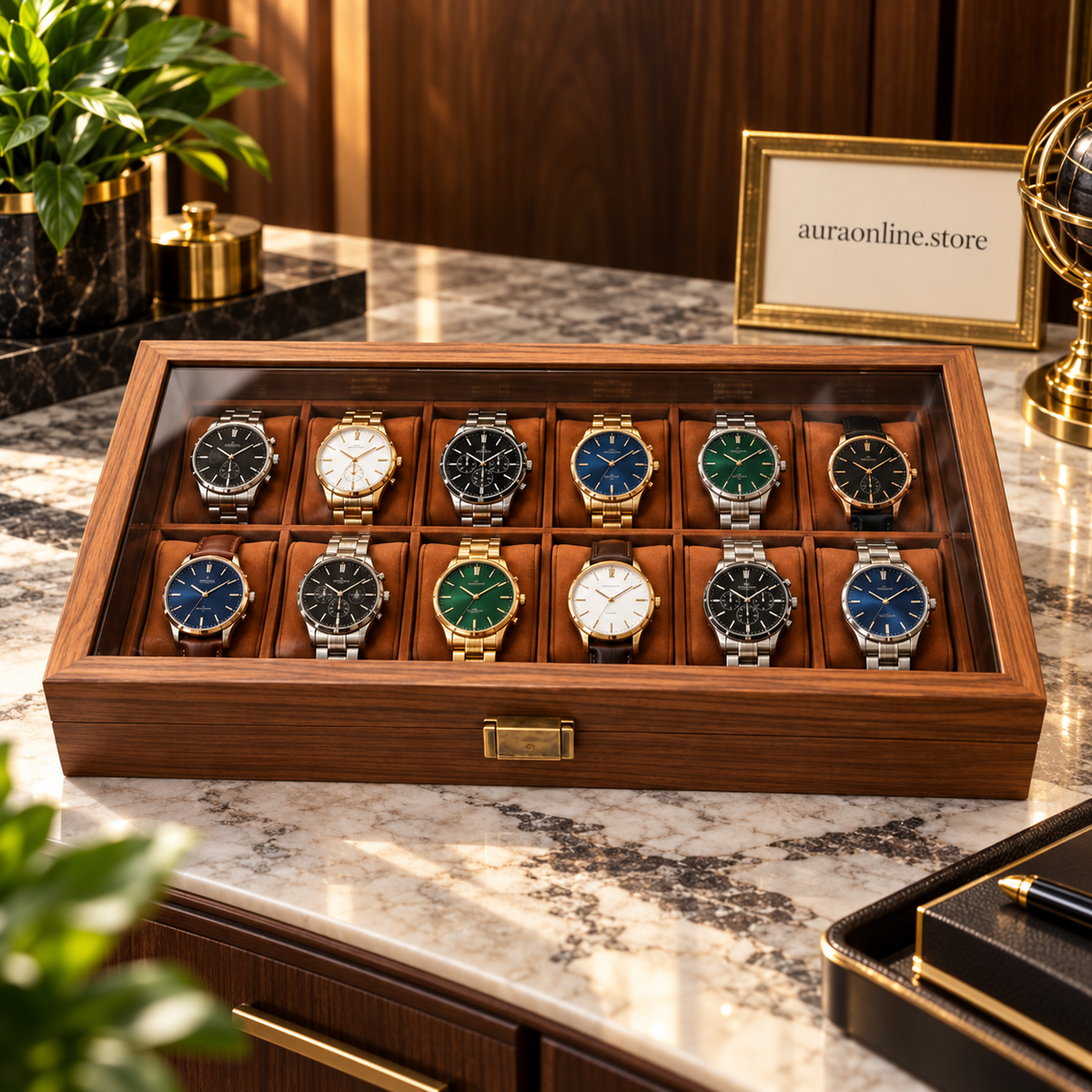 Wood Grain Leather Watch Box with Glass Lid