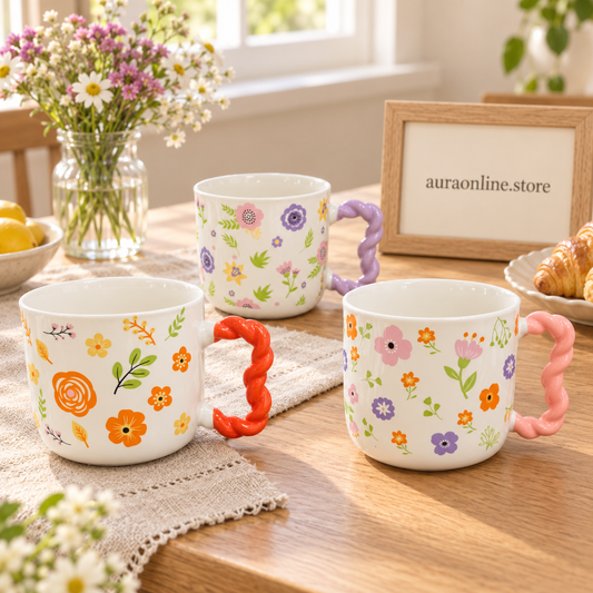 Aesthetic Ceramic Heart Handle Mug Set - Trendy Coffee Cup(each)