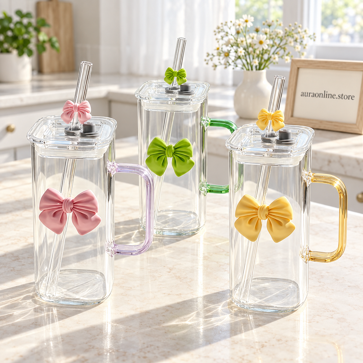 Cute Doodle Bow Glass Cup (350ml)– Coffee, Tea & Juice Mug