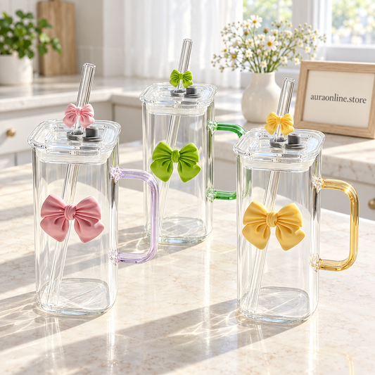 Cute Doodle Bow Glass Cup (350ml)– Coffee, Tea & Juice Mug