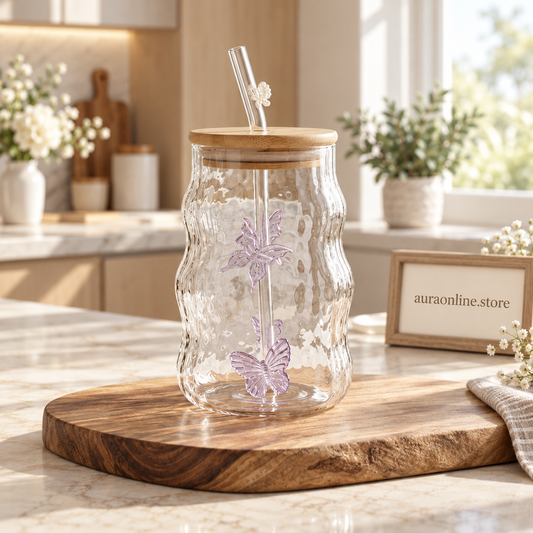 Butterfly Ripple Iced Tea Glass with Lid &amp; Straw (550ml)