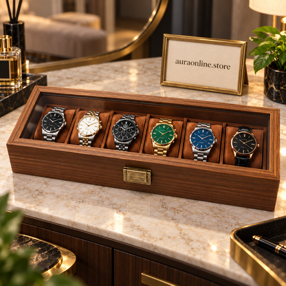 Wood Grain Leather Watch Box with Glass Lid