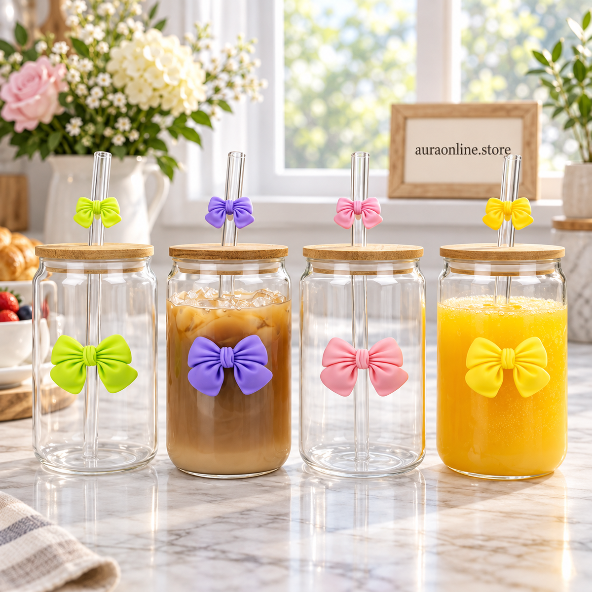 Bow Style Mason Jar – Aesthetic Glass Tumbler with Bamboo Lid
