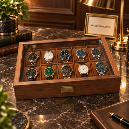 Wood Grain Leather Watch Box with Glass Lid