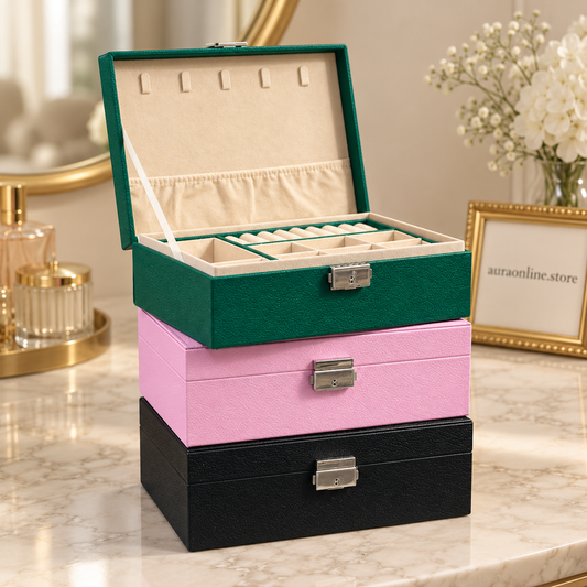 Double Layer Jewelry Organizer Box - Lockable Cosmetic Storage Case
