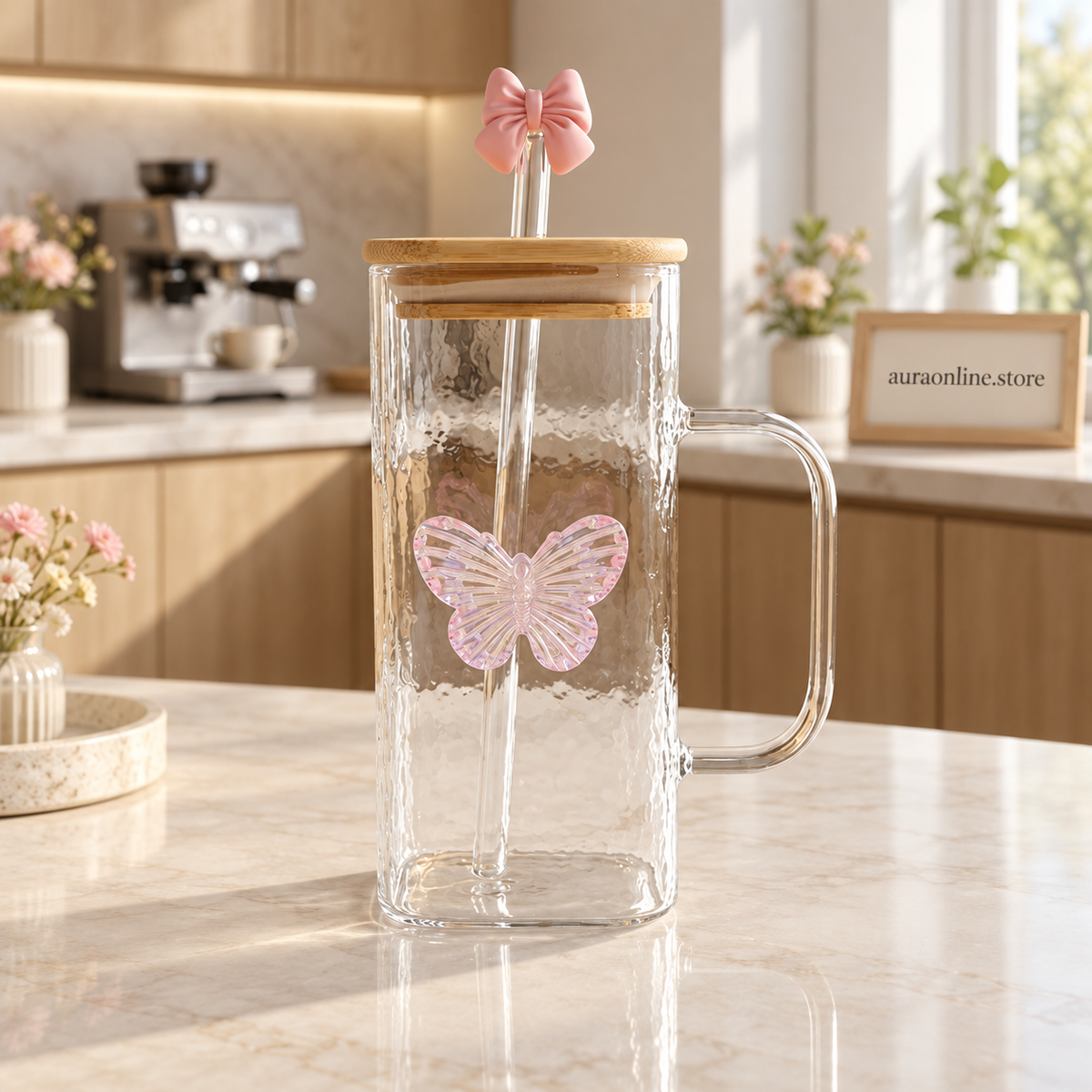 Butterfly Square Iced Tea Glass with Lid &amp; Straw (350ml)