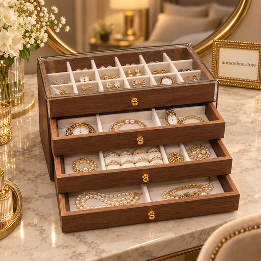 Wooden Jewelry Box - 4 Layer Walnut Drawers with Clear Lid