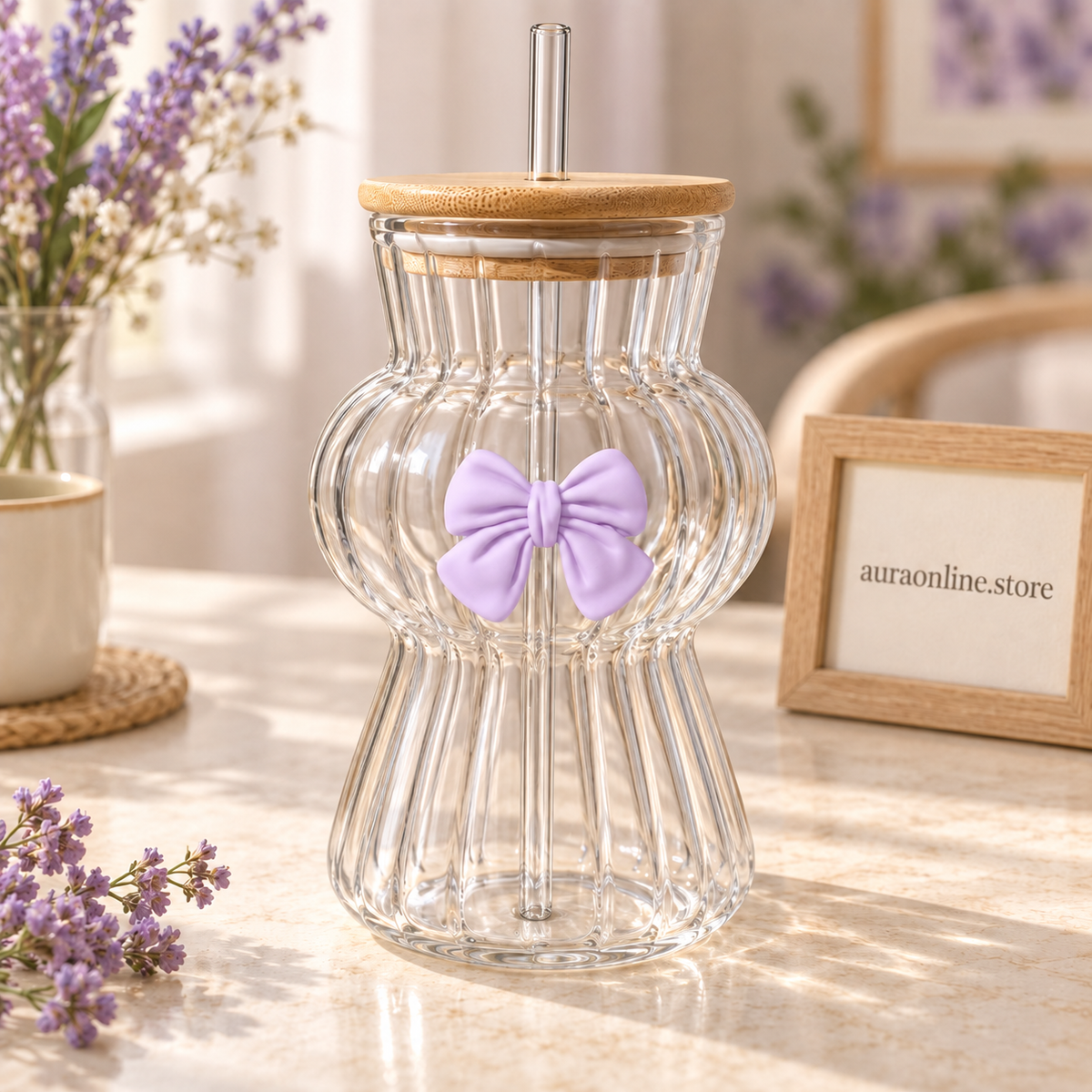 Amber Bow Bubble Glass Sipper - Aesthetic Wavy Glass Tumbler (450ml)