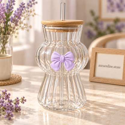 Amber Bow Bubble Glass Sipper - Aesthetic Wavy Glass Tumbler (450ml)