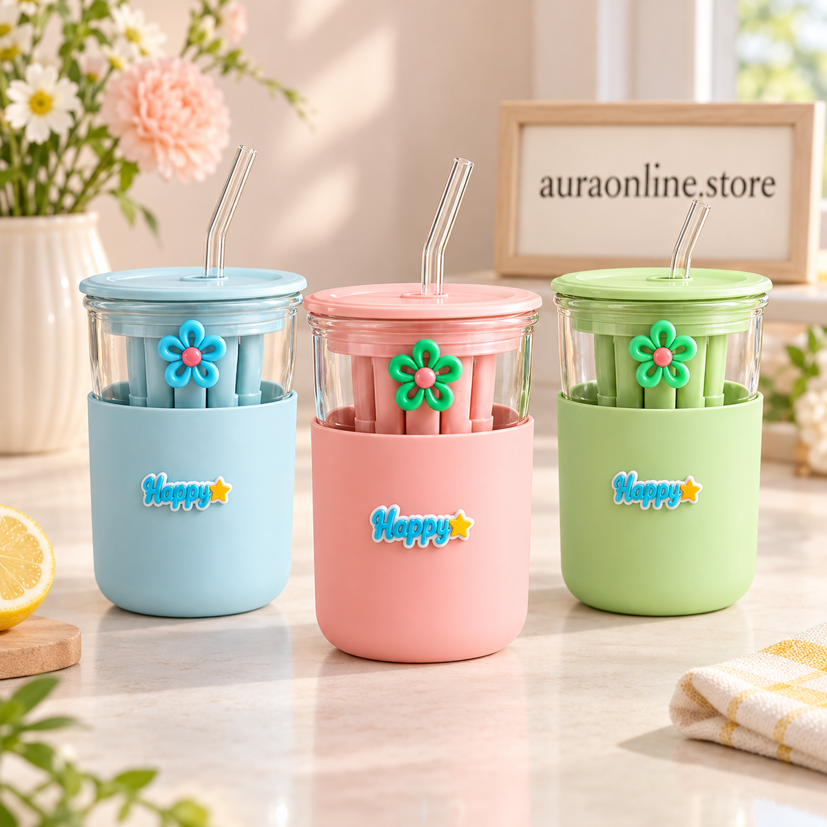 350ml Glass Straw Sipper with Carry Strap