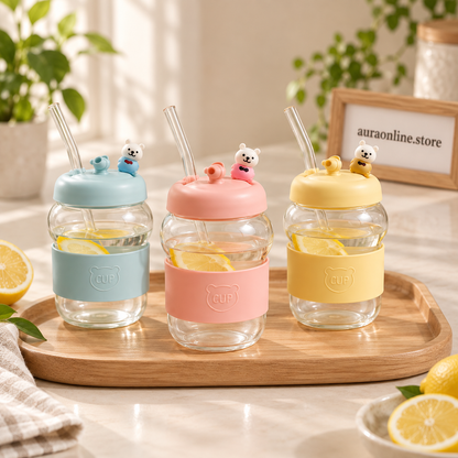 Cute Bear Glass Sipper with Straw