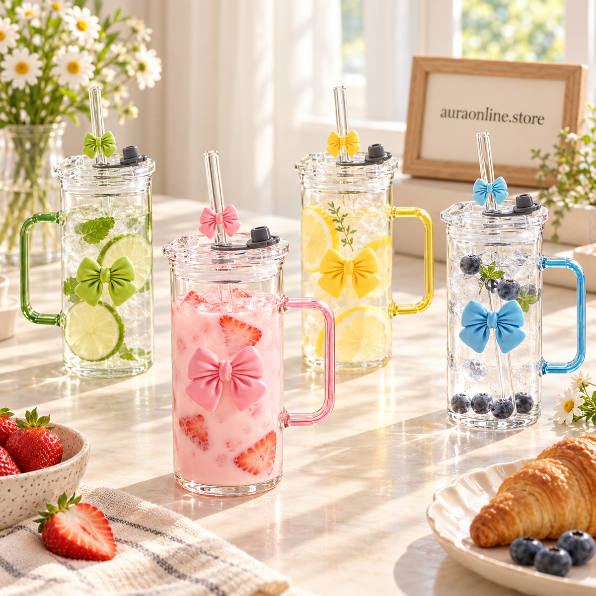 Cute Doodle Bow Glass Cup 350ml – Coffee, Tea & Juice Mug