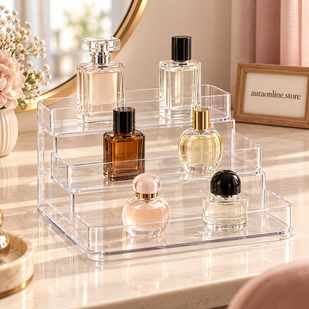 3-Tier Desktop Perfume Organizer & Tray – Luxury Cosmetic Storage Rack