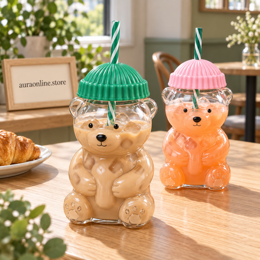 Bearista Cute Bear Glass Sipper with Beanie Lid & Straw – Aesthetic Drinkware