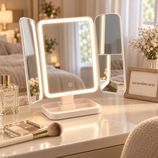 3-Fold LED Makeup Mirror - Dual Door Touch Control 360° Rotating Vanity Mirror with Lights