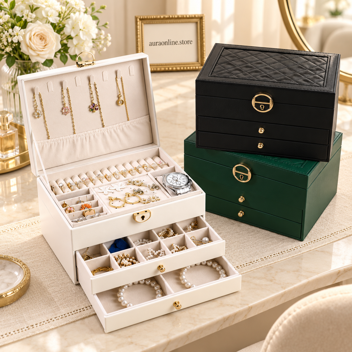 3-Layer Leather Jewelry Box - Professional Locked Organizer