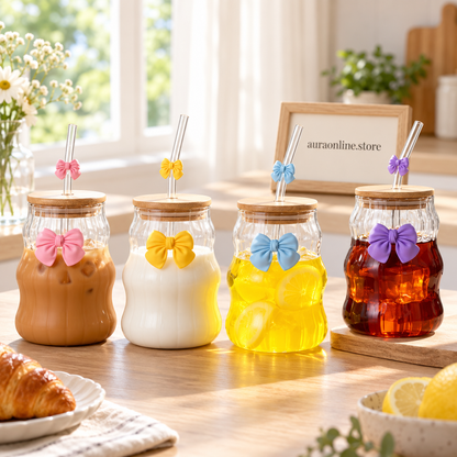 Bow Glass Water Cup with Straw – Cute Drinking Cup (400ml)