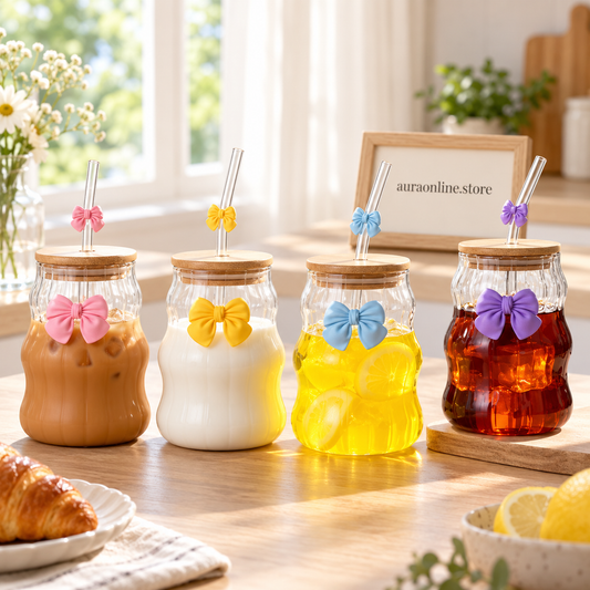 Bow Glass Water Cup with Straw – Cute Drinking Cup (400ml)