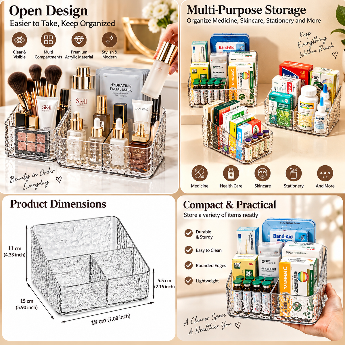 4-Compartment Acrylic Cosmetic Organizer – Transparent Storage Box