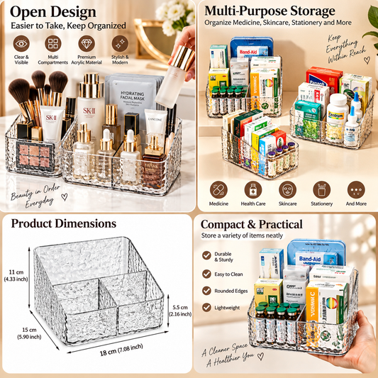 4-Compartment Acrylic Cosmetic Organizer – Transparent Storage Box