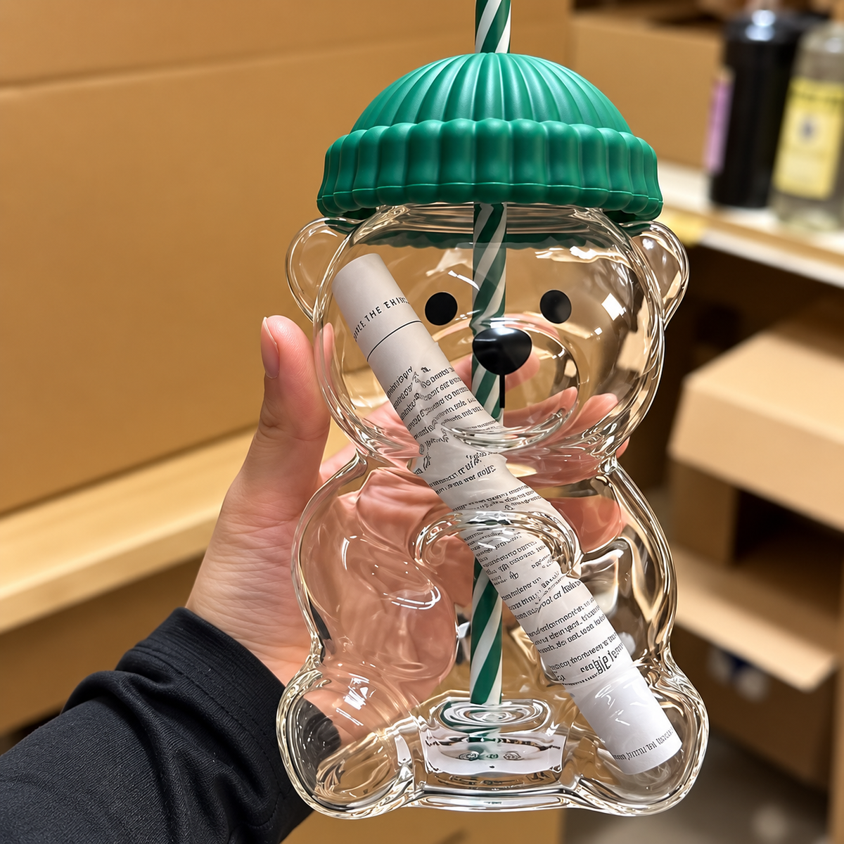 Bearista Cute Bear Glass Sipper with Beanie Lid & Straw – Aesthetic Drinkware