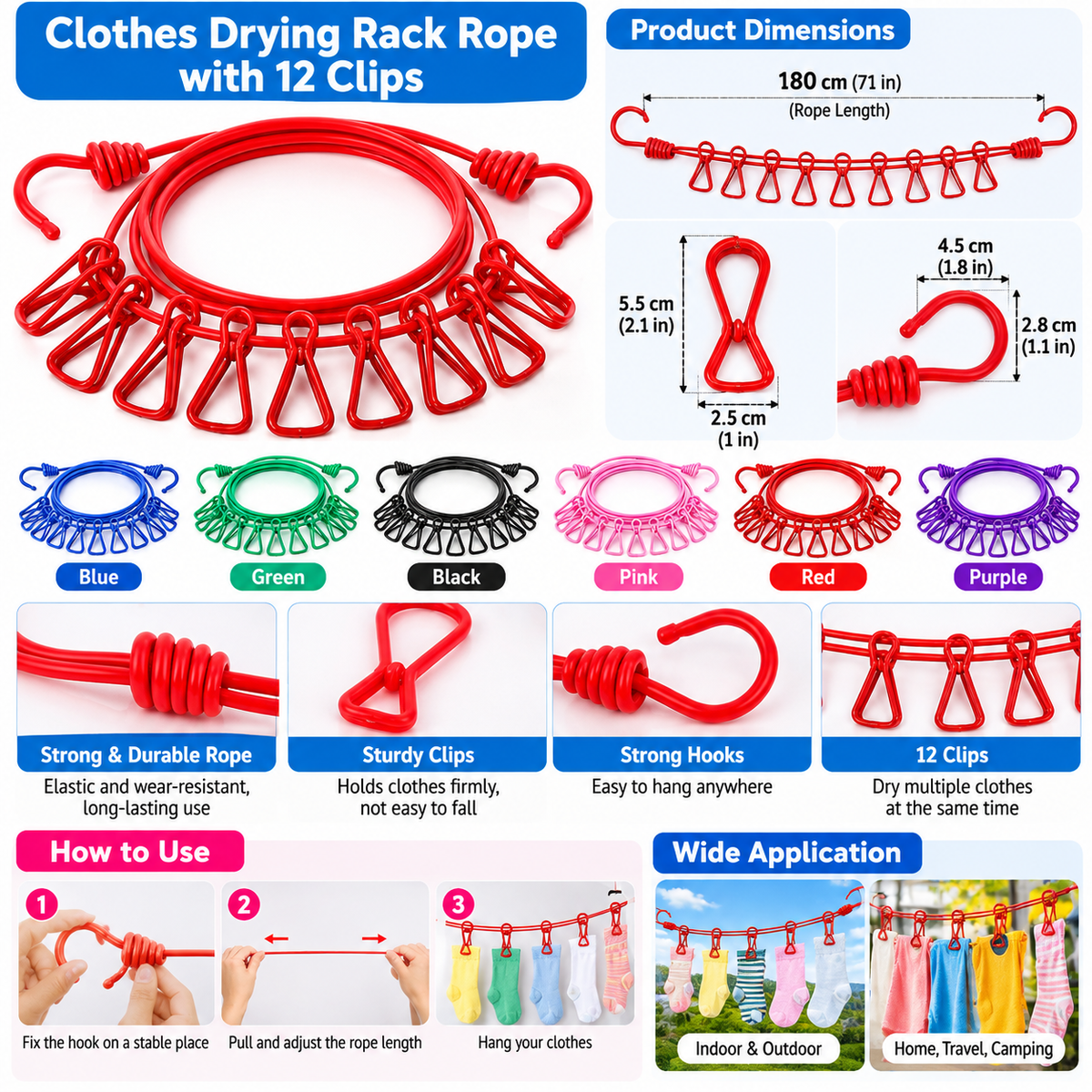 12 Clip Elastic Clothesline for Efficient Drying and Organization