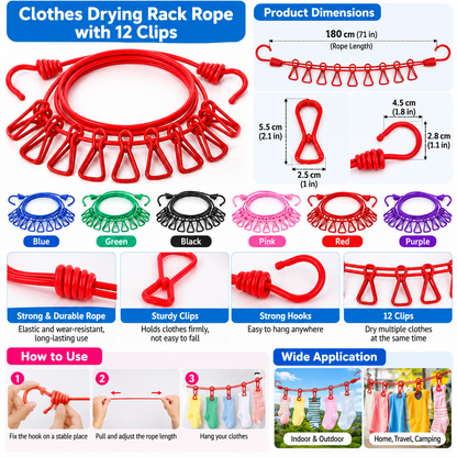 12 Clip Elastic Clothesline for Efficient Drying and Organization