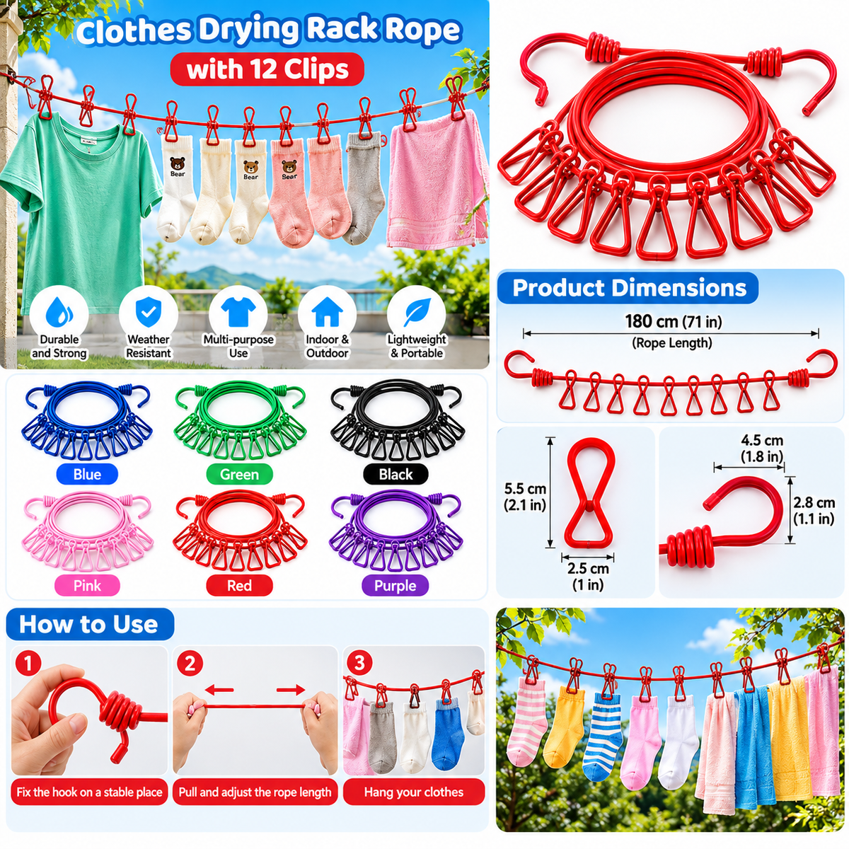 12 Clip Elastic Clothesline for Efficient Drying and Organization